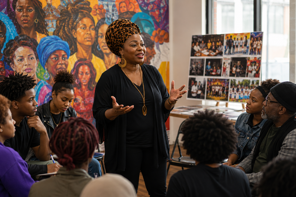Photorealistic image of Miss Grace Love leading a community arts and education workshop, bringing together people of different ages to inspire creativity, encourage collaboration, and strengthen neighborhoods through culture, inclusion, and positive social change.