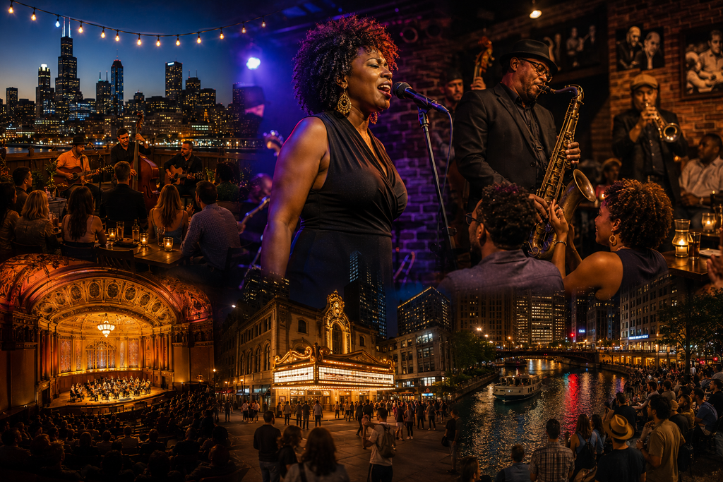 Photorealistic collage showcasing Chicago’s vibrant live music scene, featuring intimate jazz and blues clubs, historic concert halls, outdoor performances, neighborhood venues, and the iconic Chicago skyline, highlighting how live music brings people together through shared experiences, culture, and community.
