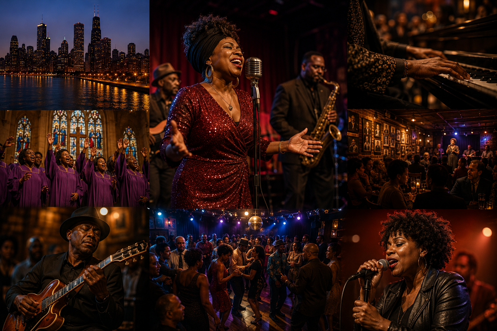 Photorealistic collage celebrating Chicago’s rich soul music heritage, featuring powerful live vocal performances, rhythm and blues musicians, gospel influences, intimate music clubs, vibrant audiences, and iconic city landmarks, showcasing the enduring role of soul music in Chicago’s cultural identity and nightlife.