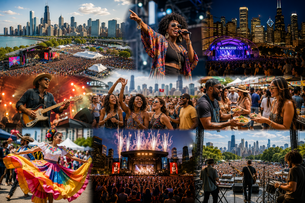 Photorealistic collage showcasing Chicago’s vibrant live music festivals featuring outdoor concerts, diverse musical performances, cultural celebrations, local food vendors, energetic crowds, and the iconic Chicago skyline, capturing the city’s year-round tradition of bringing communities together through music, arts, culture, and unforgettable festival experiences.