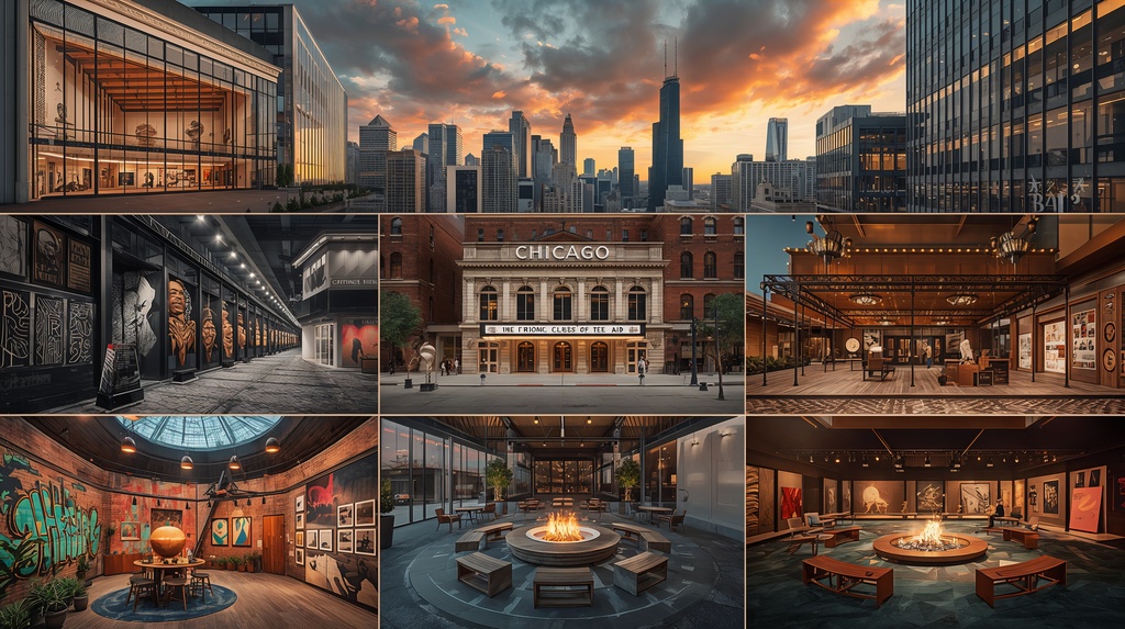 Chicago museums, theaters, galleries, public art, and cultural landmarks at sunset.