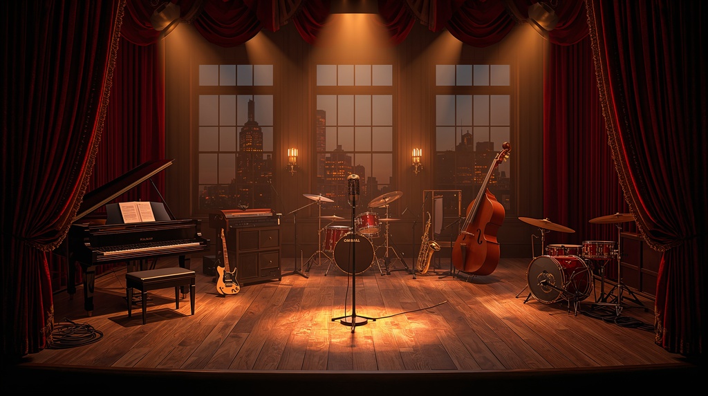 Vintage Chicago soul music stage with classic instruments and warm theatrical lighting.
