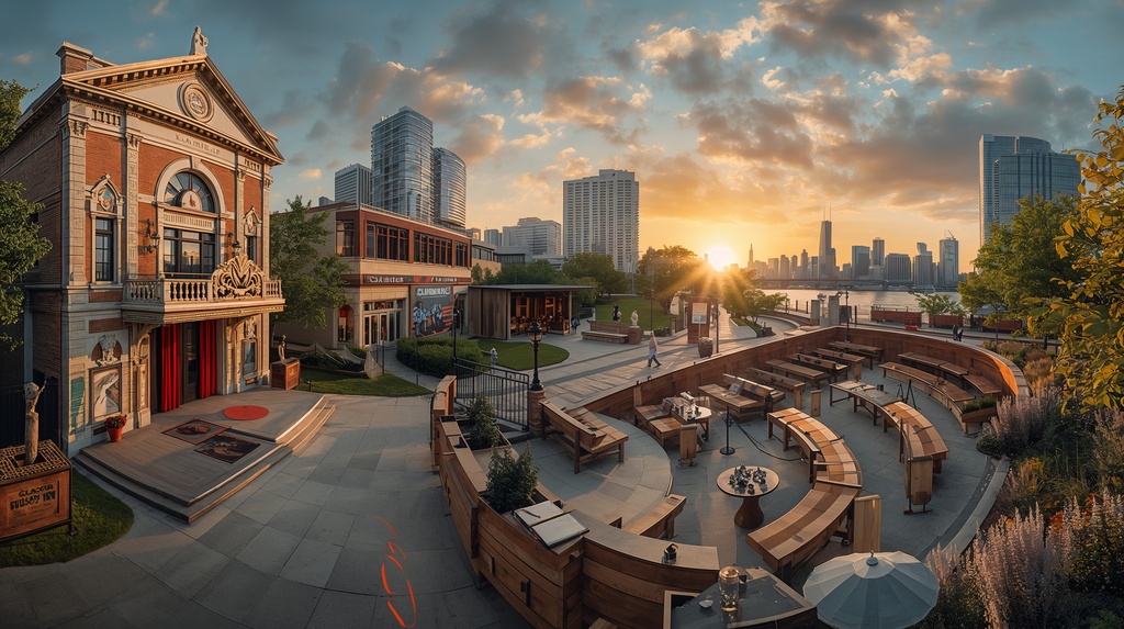 Photorealistic Chicago cultural district featuring theaters, public art, storytelling spaces, and historic landmarks.