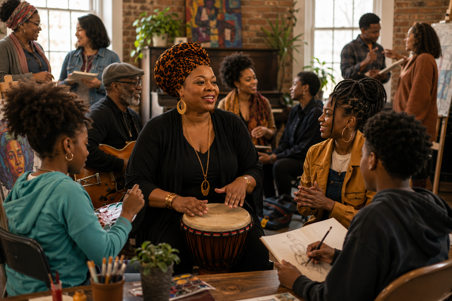 Photorealistic image of Miss Grace Love leading a community arts gathering where people collaborate through music, conversation, and creative expression, celebrating cultural appreciation, artistic education, inclusion, and meaningful connections across generations.