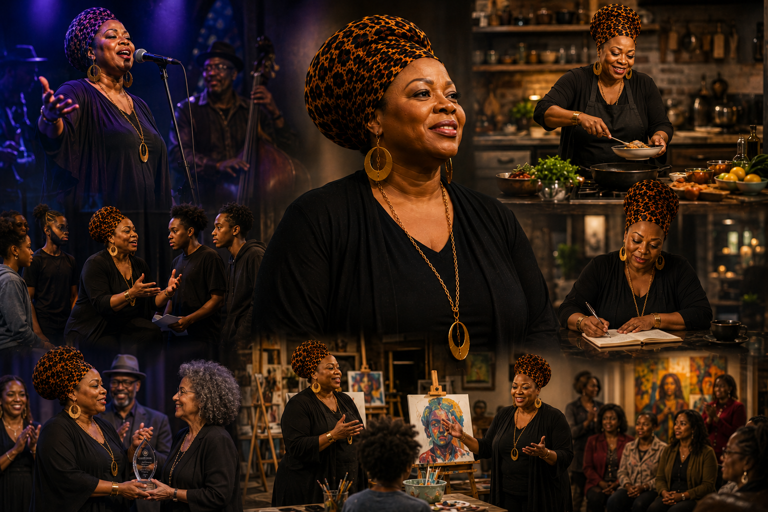 Photorealistic biography image of Miss Grace Love celebrating her artistic journey through music, theater, culinary arts, education, and community leadership, highlighting meaningful collaborations, cultural engagement, creative achievements, and her lasting impact on communities throughout the Pacific Northwest.