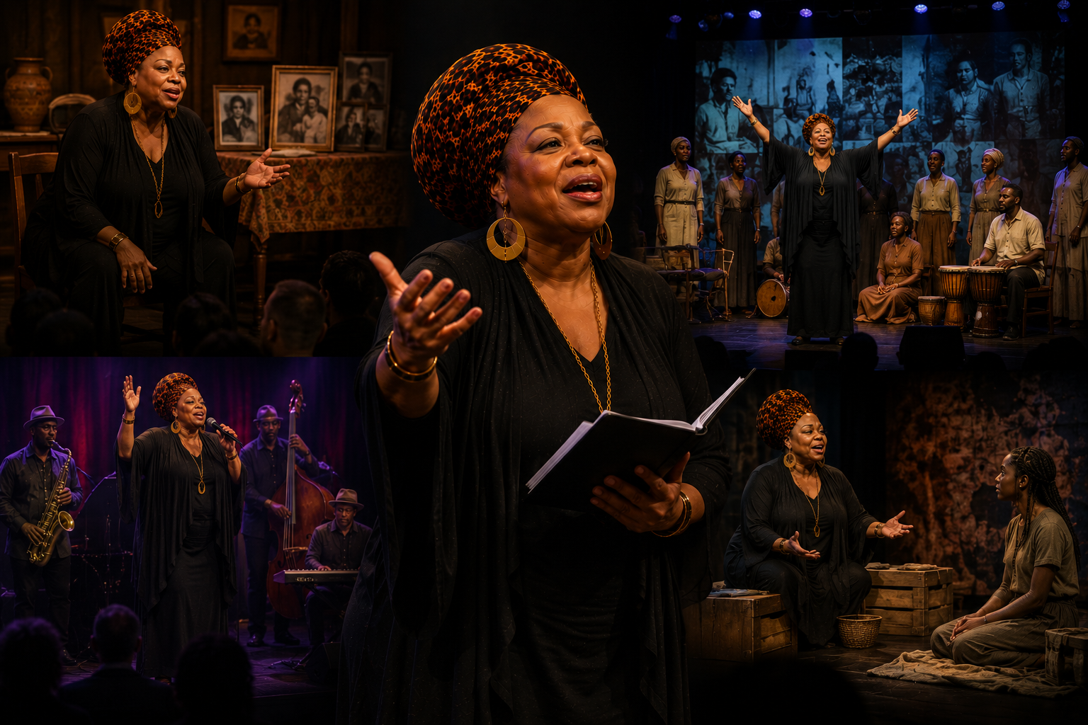 Photorealistic collage of Miss Grace Love performing in theatrical productions that blend music, spoken word, and dramatic storytelling, inspiring audiences through powerful performances that celebrate culture, history, shared humanity, and meaningful human connection.