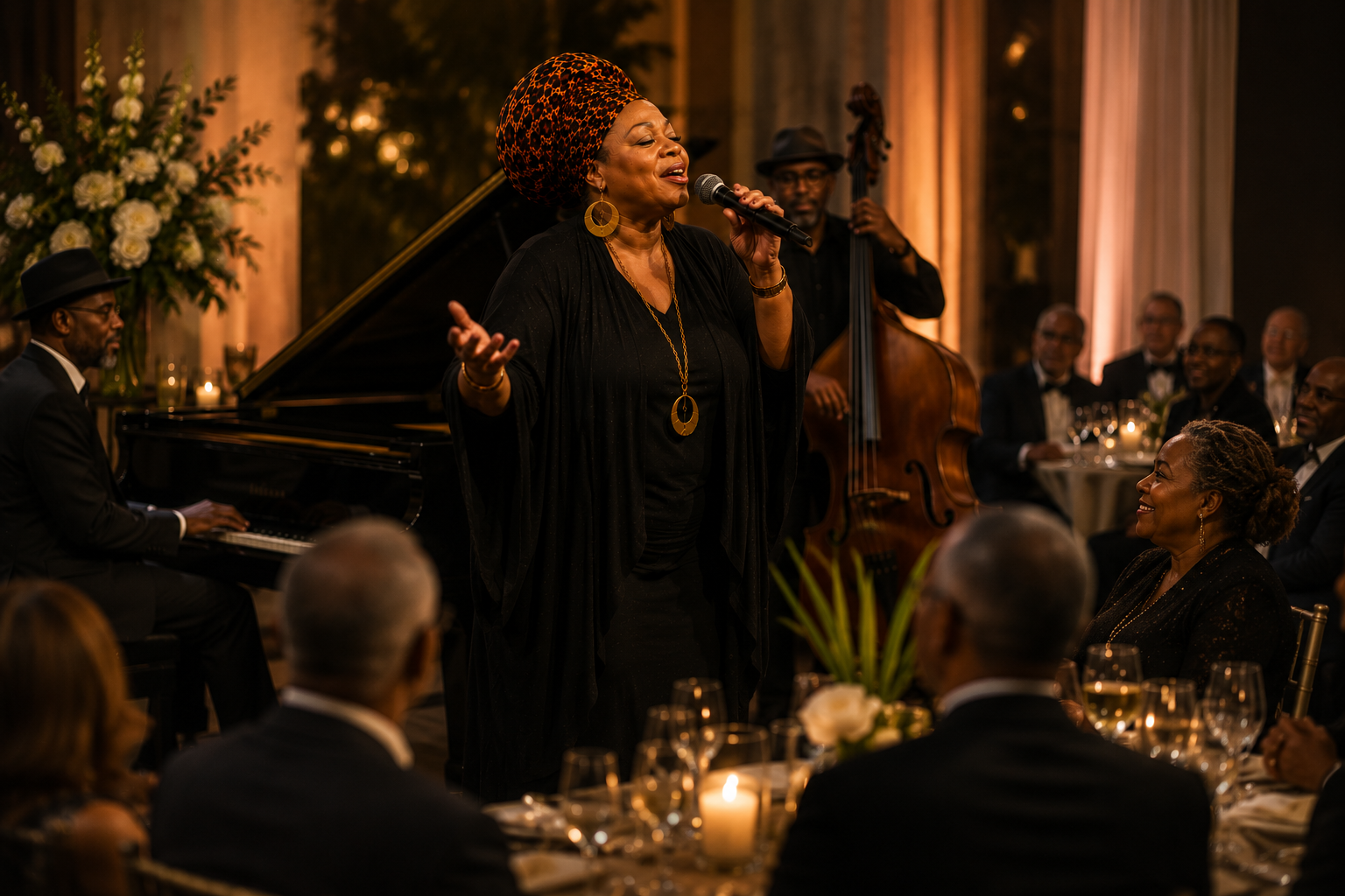 Photorealistic image of Miss Grace Love performing at an elegant private event with a live jazz ensemble, creating a memorable experience for guests through soulful music, heartfelt storytelling, and an intimate atmosphere ideal for corporate events, receptions, celebrations, and cultural gatherings.