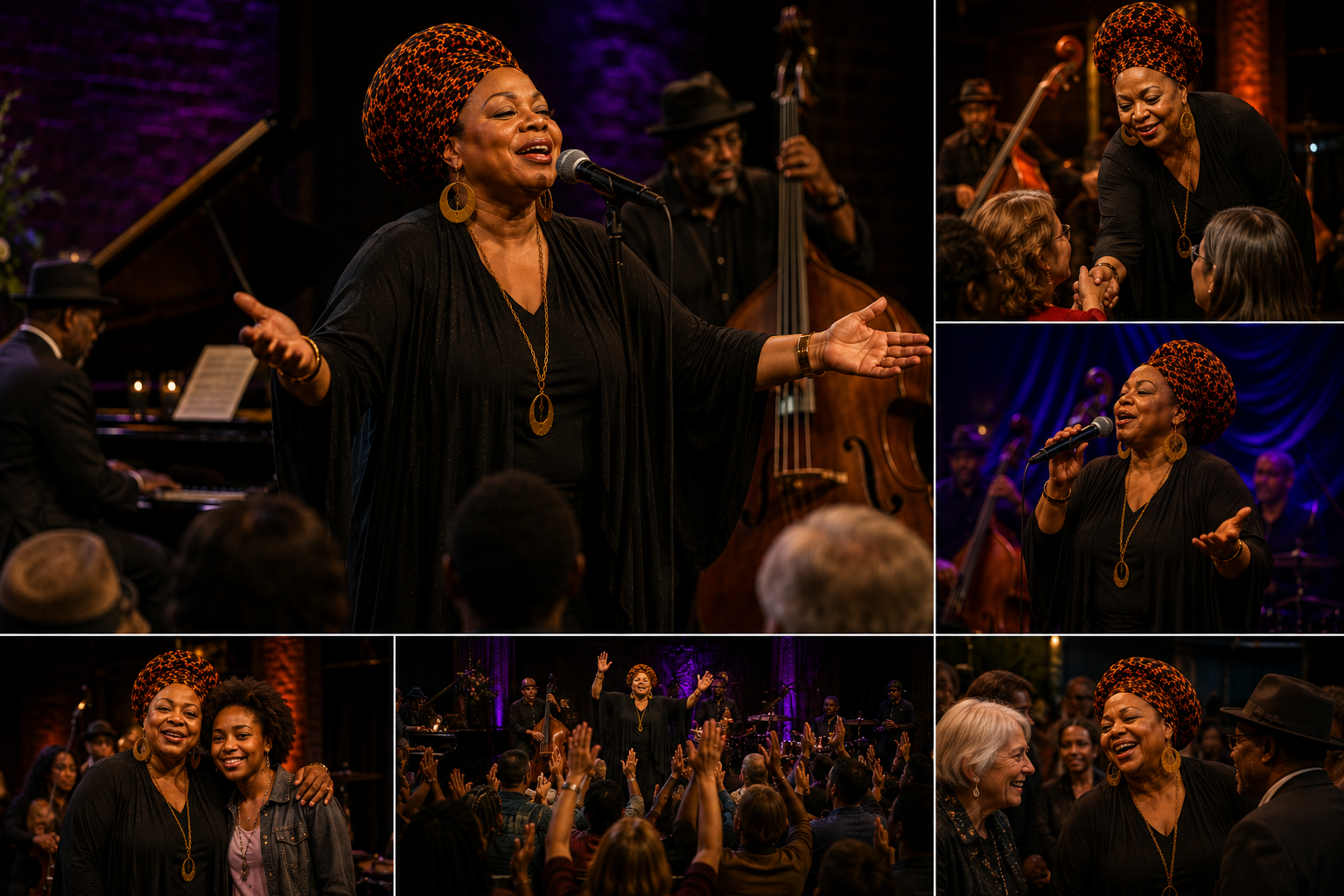 Photorealistic collage of Miss Grace Love connecting with audiences through soulful live performances, heartfelt storytelling, warm interactions, and engaging stage presence, highlighting the authentic experiences and lasting memories she creates at concerts, community events, and private performances.