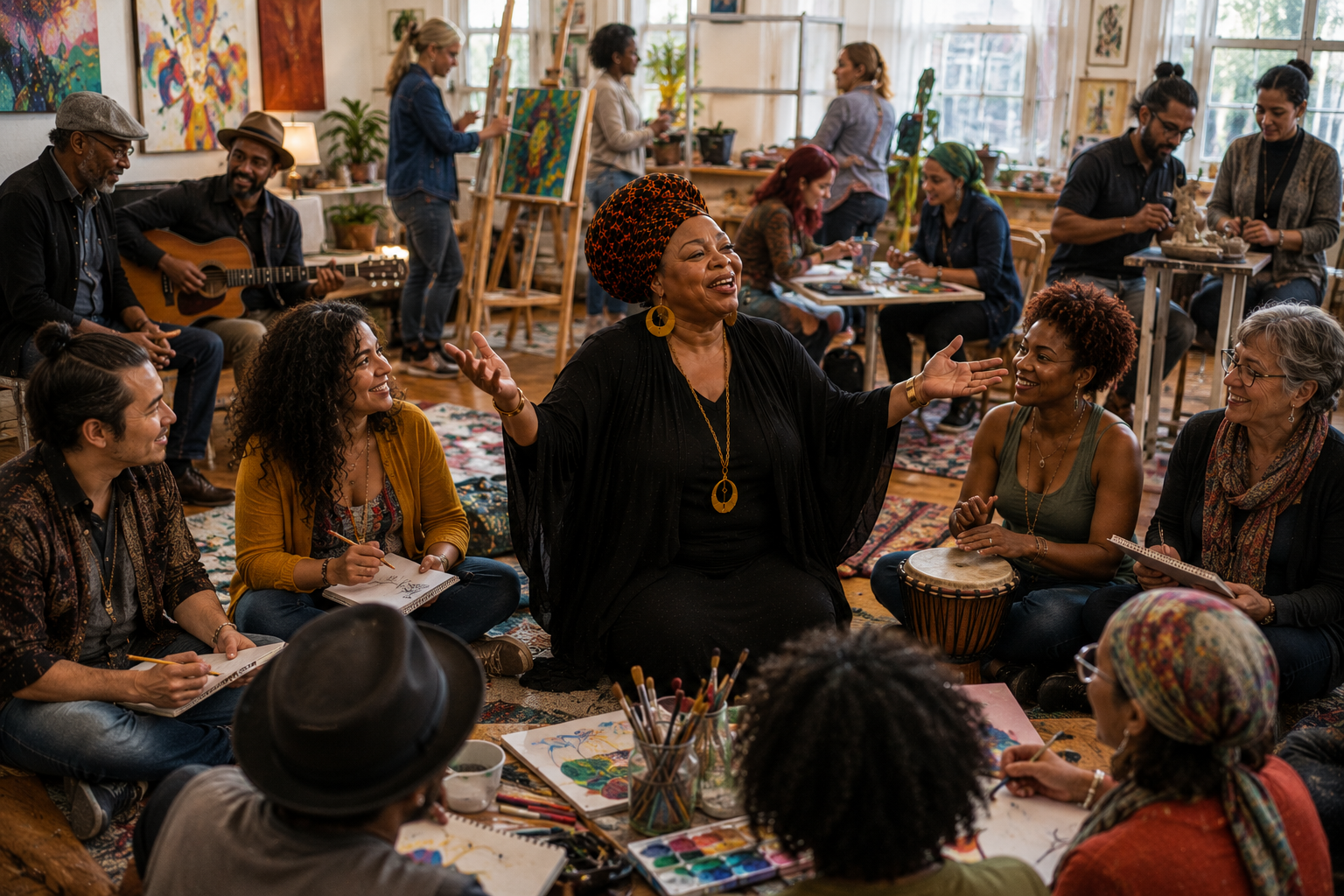 Photorealistic image of Miss Grace Love leading a collaborative arts workshop where artists, musicians, educators, and community members explore painting, music, storytelling, and creative expression in an inclusive environment that celebrates culture, learning, and artistic collaboration.