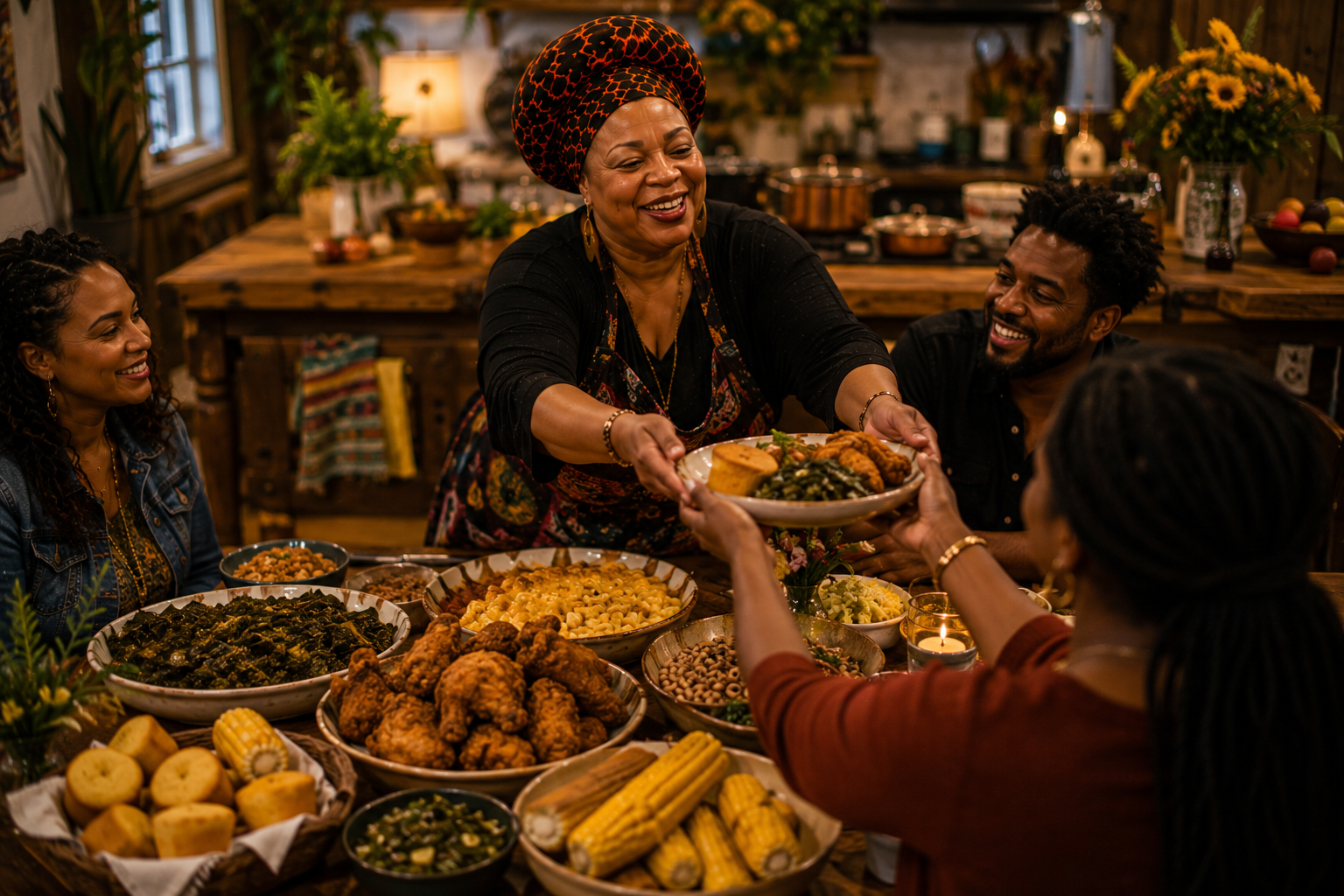 Photorealistic image of Grace serving a family-style comfort meal at Nadine’s Kitchen, where guests gather around a beautifully prepared table filled with soulful homemade dishes, celebrating hospitality, tradition, meaningful conversations, and the joy of sharing food that nourishes both body and spirit.