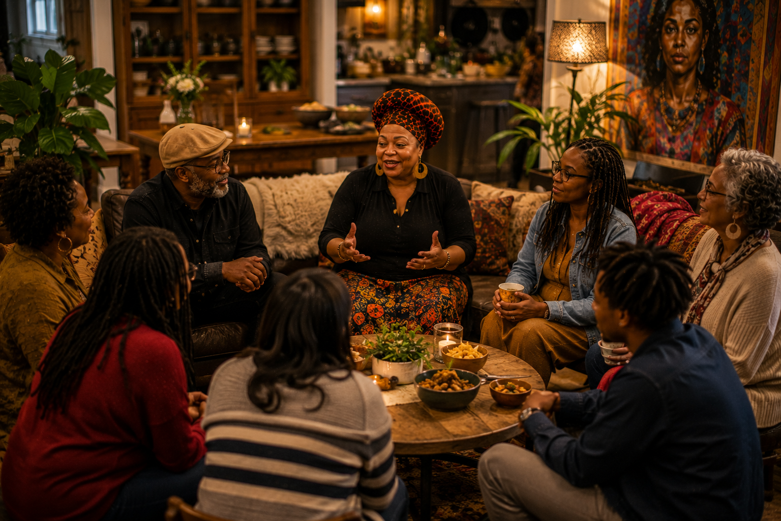 Photorealistic image of Grace leading a welcoming community conversation at Nadine’s Kitchen, where people of diverse backgrounds gather to share stories, exchange ideas, celebrate culture and history, and build meaningful relationships in a warm, inclusive environment.