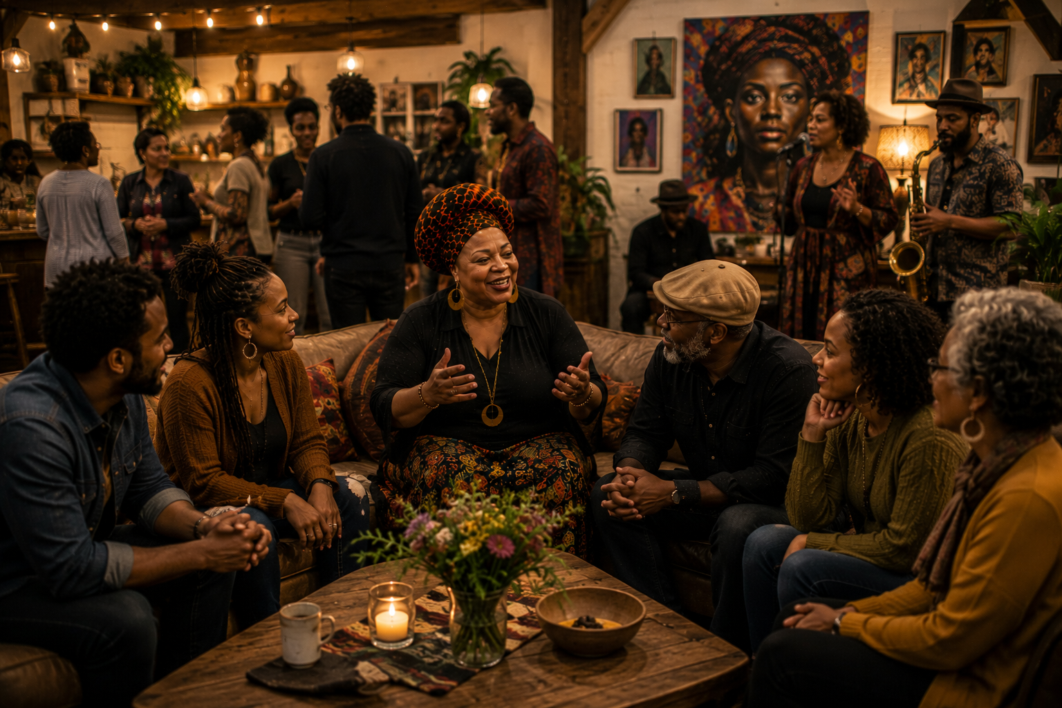 Photorealistic image of Grace welcoming guests into Nadine’s Kitchen as they enjoy meaningful conversations, live music, and shared moments in a warm, inviting gathering space, highlighting how food, hospitality, creativity, and human connection create lasting memories and strengthen community.