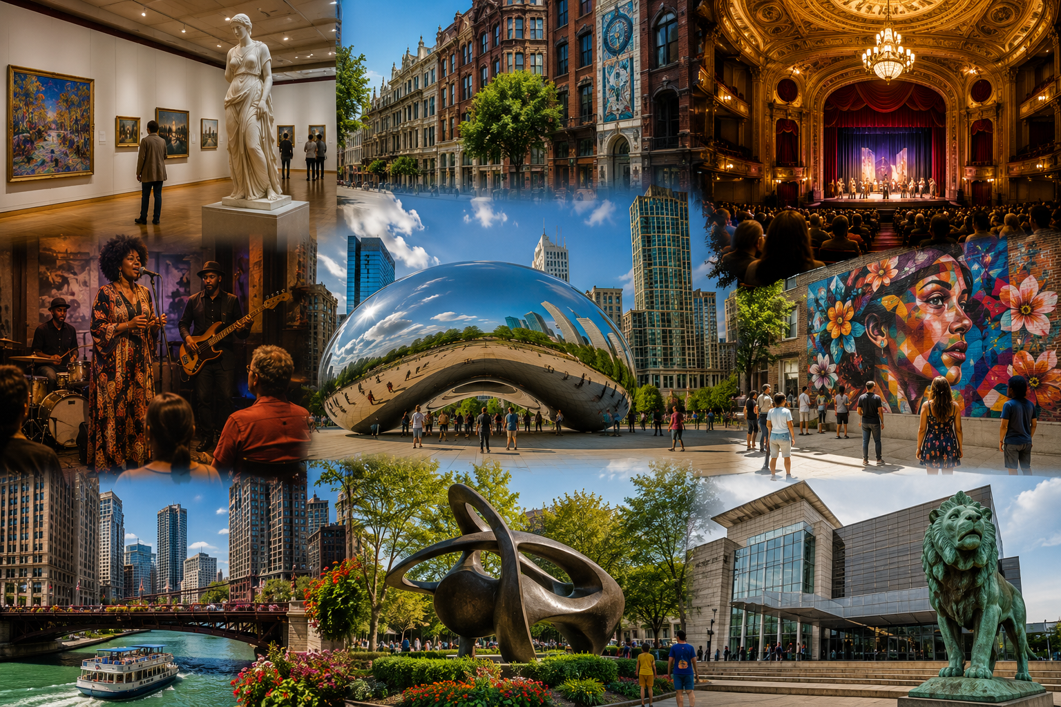 Photorealistic collage showcasing Chicago’s rich arts and cultural scene, featuring world-class museums, historic theaters, public art installations, vibrant galleries, architectural landmarks, live performances, and creative neighborhoods that celebrate the city’s enduring legacy of artistic expression and cultural diversity.