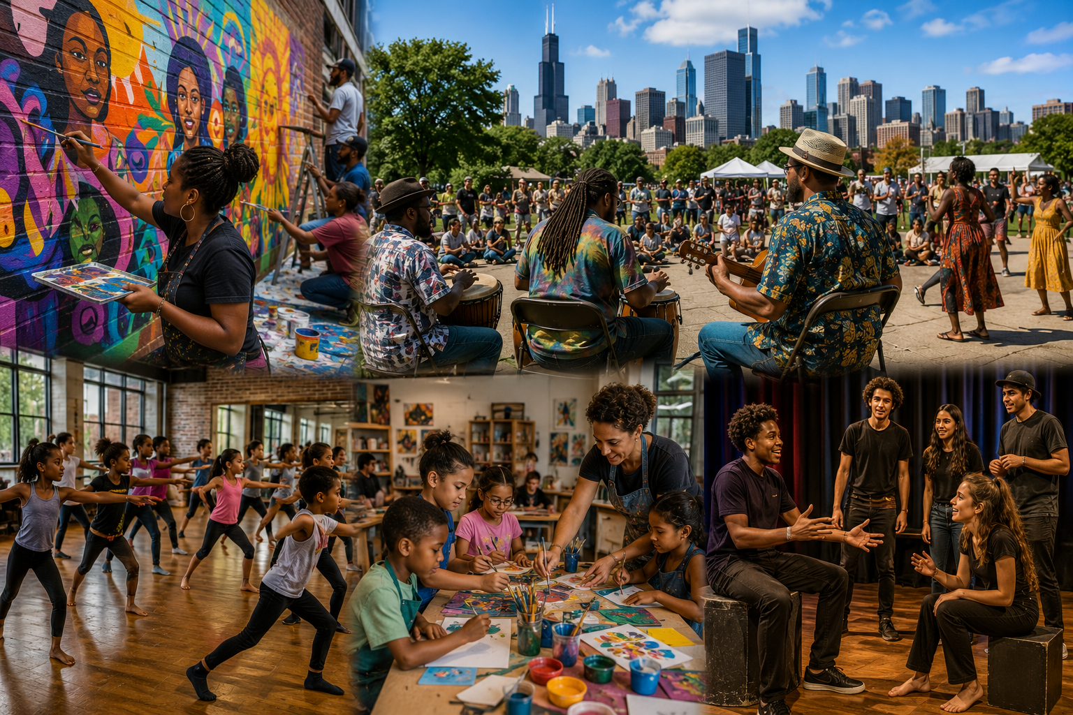 Photorealistic collage showcasing Chicago community arts programs where children and adults participate in mural painting, music workshops, theater rehearsals, dance classes, and creative arts education, highlighting how local arts initiatives strengthen neighborhoods, encourage creativity, and bring communities together through culture and collaboration.
